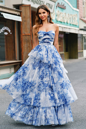 White Blue Flower A-Line Strapless Tiered Long Ball Dress with Bows
